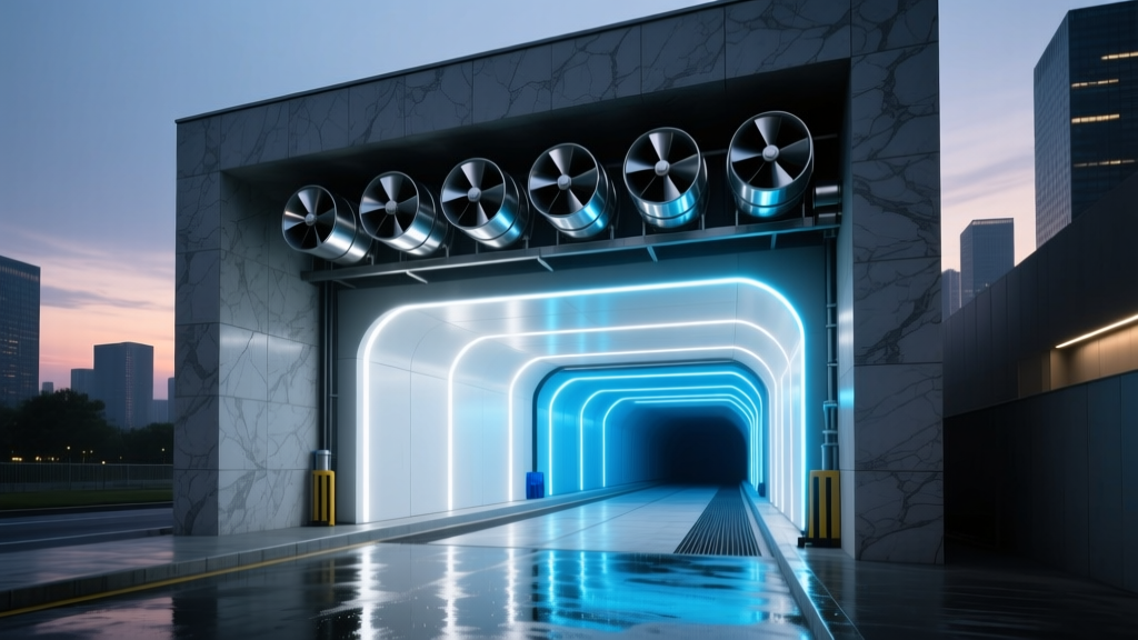 Architectural rendering of a modern express tunnel car wash with bright LED lighting, stacked blowers, and stone facade at dusk