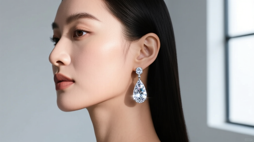Side profile of a woman wearing 2-inch pear shaped diamond drop earrings, showcasing how the drop length elongates a round face.