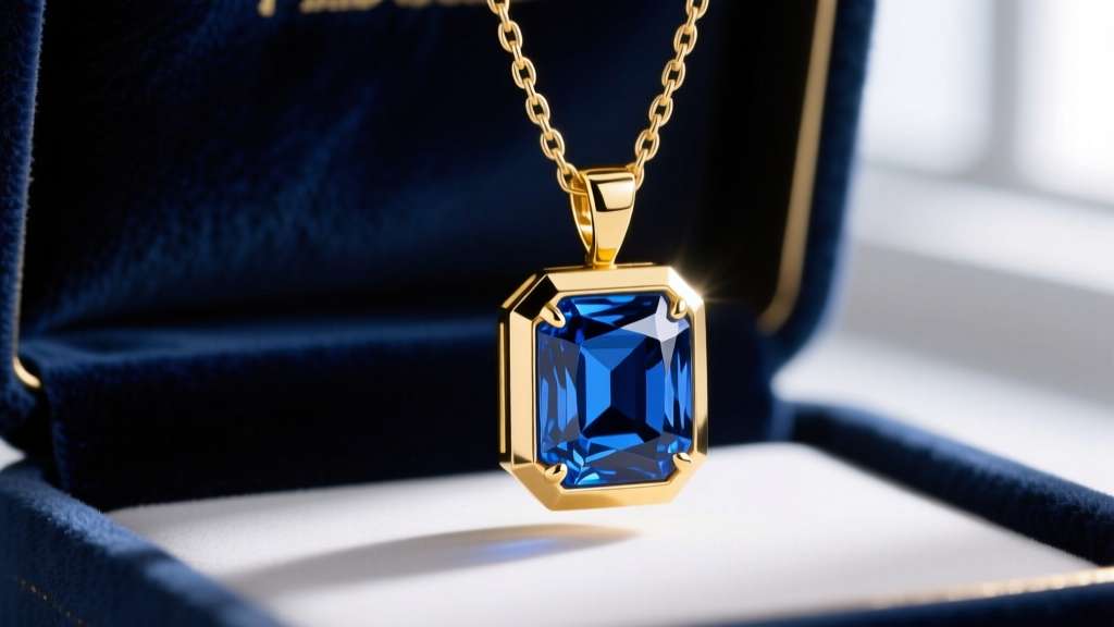 Close-up of a 2-carat emerald cut royal blue sapphire pendant on an 18k yellow gold box chain against a dark velvet backdrop.