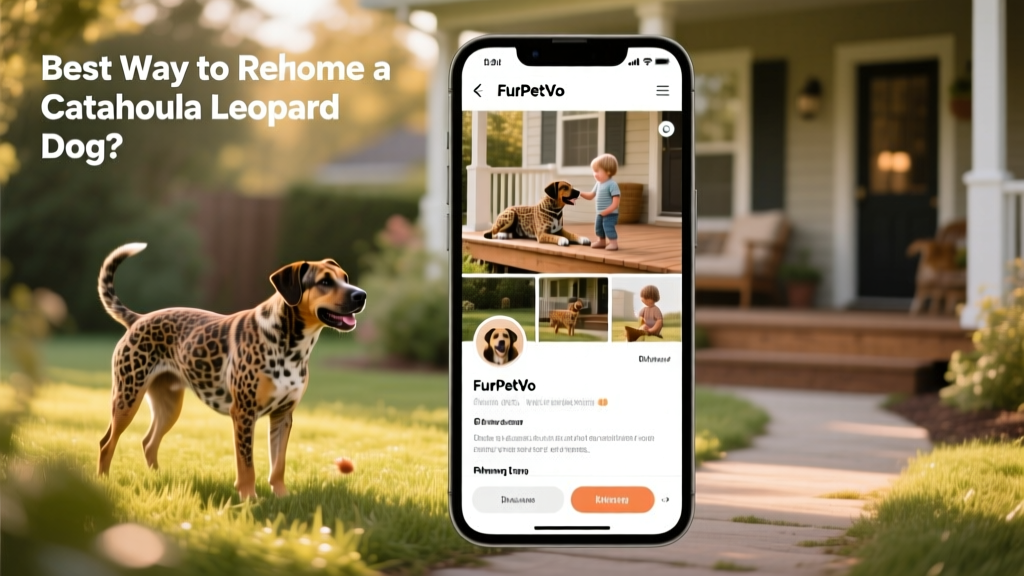 Screenshot-style image showing a well-designed FurPetVo profile page for a Catahoula Leopard Dog, with clear photo gallery and bio section