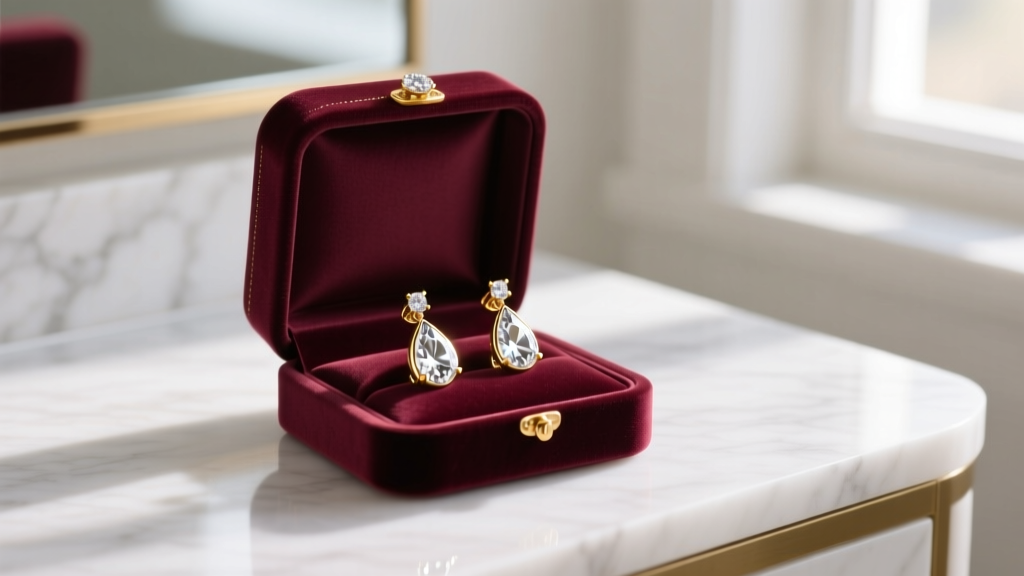 Open velvet jewelry box on a marble vanity revealing a pair of 14k gold teardrop diamond earring drops catching soft morning light.