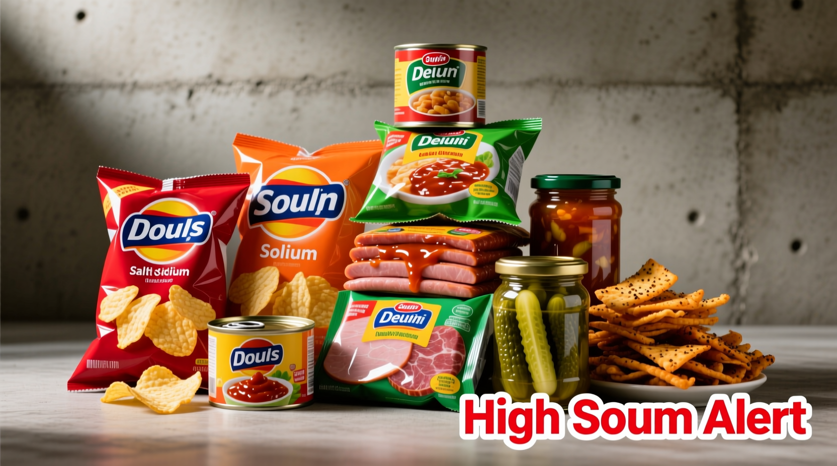 Colorful display of high sodium food items