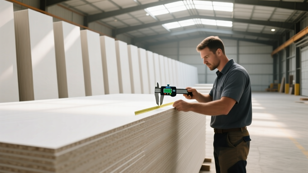 Stacks of 4x8 gypsum board panels in a warehouse with a contractor measuring the edge thickness with a digital caliper