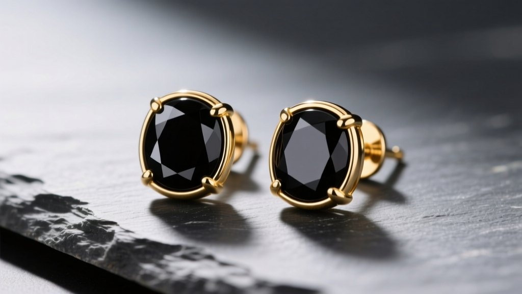 14k gold bezel-set black onyx stud earrings on slate, showing mirror polish and sharp edges under soft studio light