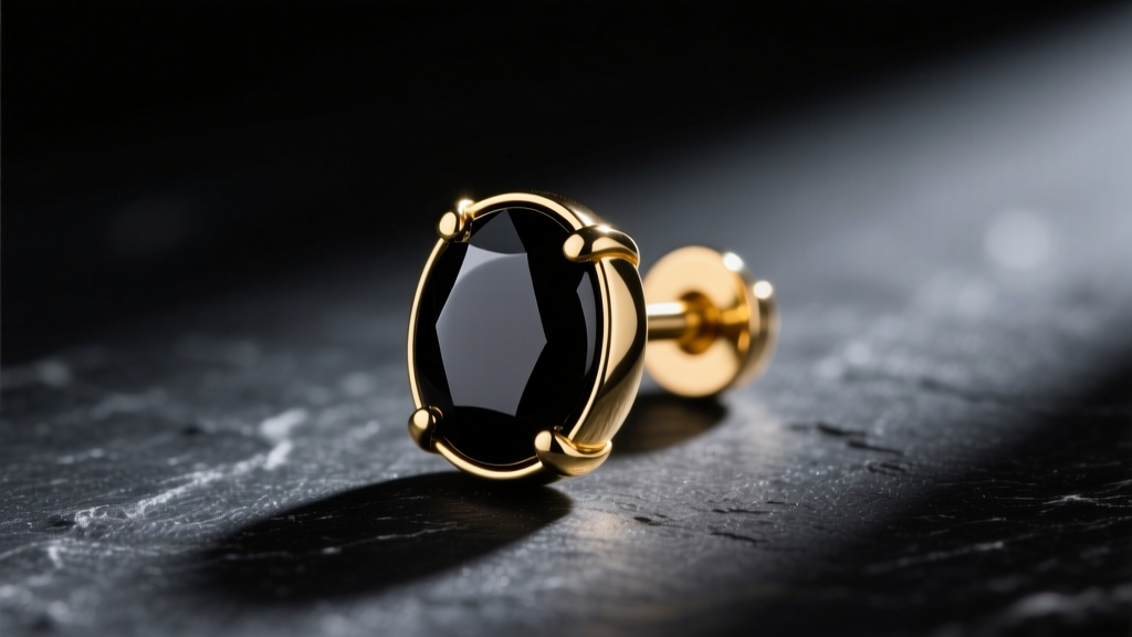 Macro shot of 14g gold threadless earring end with black onyx cabochon on dark slate, illuminated by dramatic side lighting.