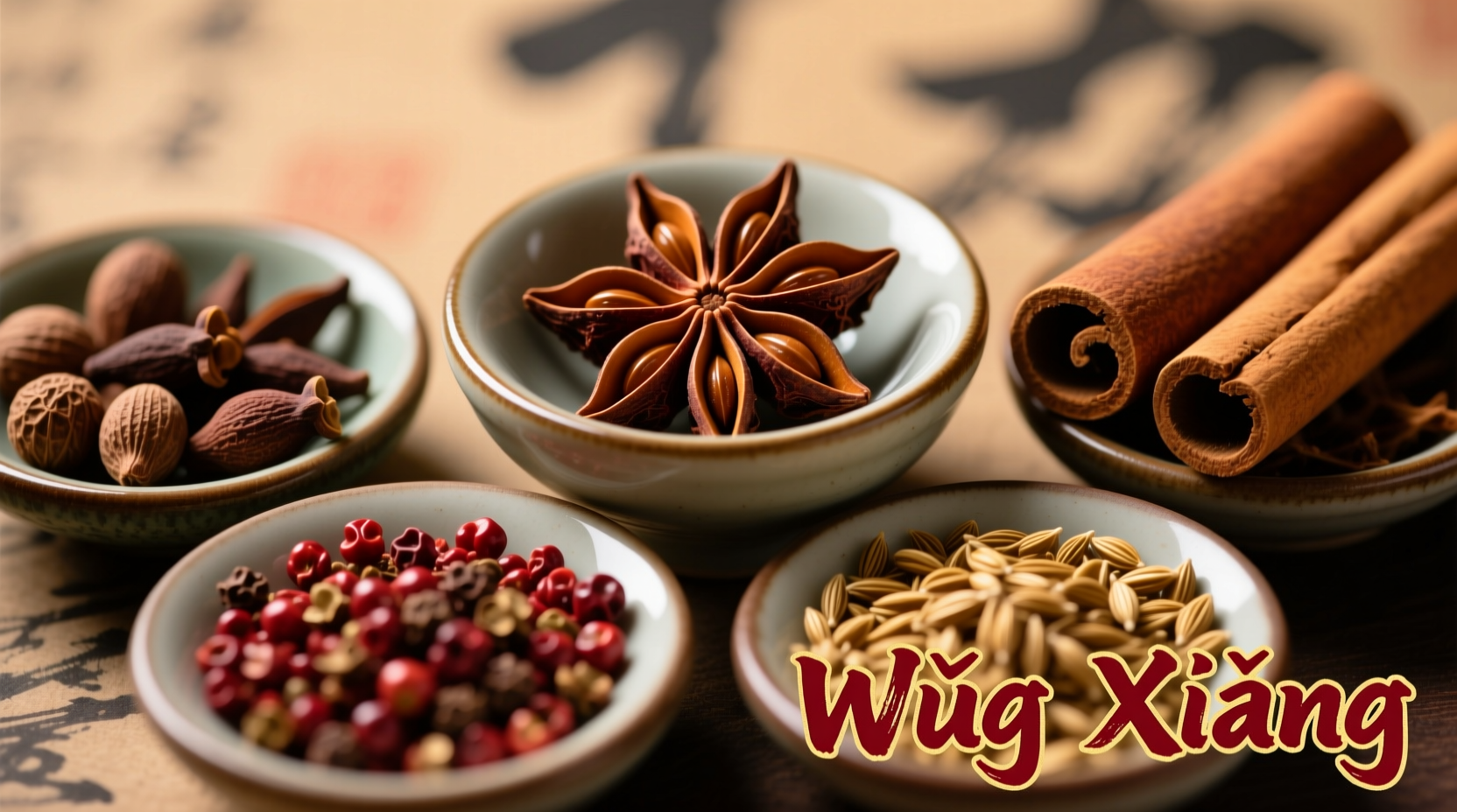 Close-up of Chinese five spice ingredients in small bowls