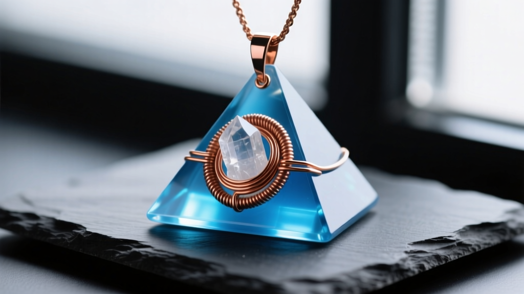 Handmade orgonite pyramid pendant with copper coils and clear quartz embedded in blue resin, photographed on a dark slate surface