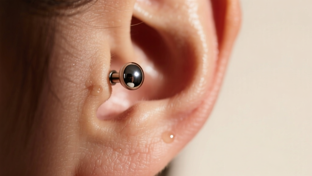 Close-up macro photography of a healthy earlobe piercing wearing a polished implant-grade titanium stud, soft studio lighting