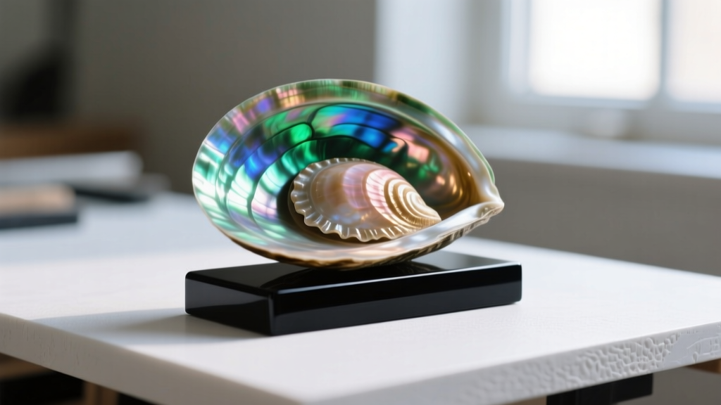 Side profile of an abalone doublet showing the iridescent shell layer bonded to black epoxy resin on a workbench.