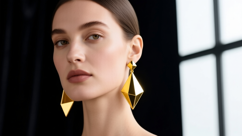 Portrait of a model wearing 18k yellow gold geometric drop earrings against a dark background, highlighting the warm luster.