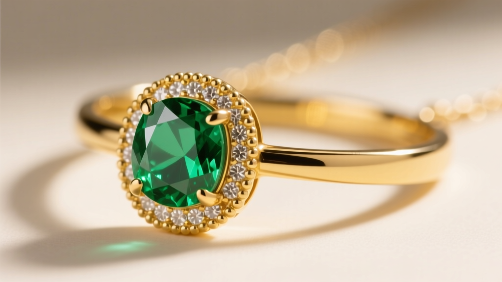 Side profile of a 14k yellow gold emerald pendant necklace showing the intricate milgrain bezel setting and vivid green gemstone
