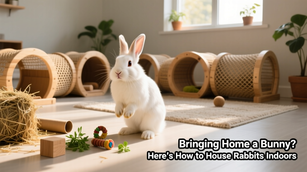 A rabbit exploring a secure, spacious indoor playpen filled with tunnels, chew toys, and fresh hay