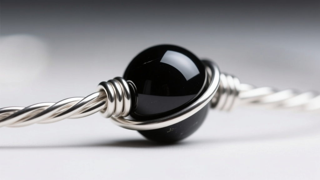 Close-up macro shot of a wrapped loop on 22-gauge Argentium silver wire securing a matte onyx rondelle bead in soft lighting