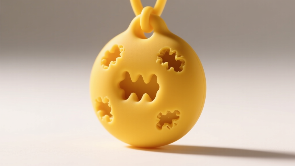 Macro shot of a yellow silicone sensory pendant showing subtle bite marks and a matte finish under warm studio lighting.