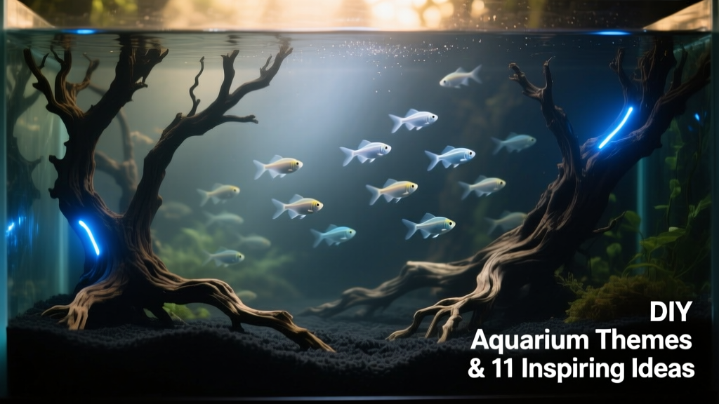A dramatic haunted-themed aquarium with dark substrate, twisted driftwood 'trees,' glowing blue LED accents, and peaceful tetras swimming through a misty, atmospheric scene