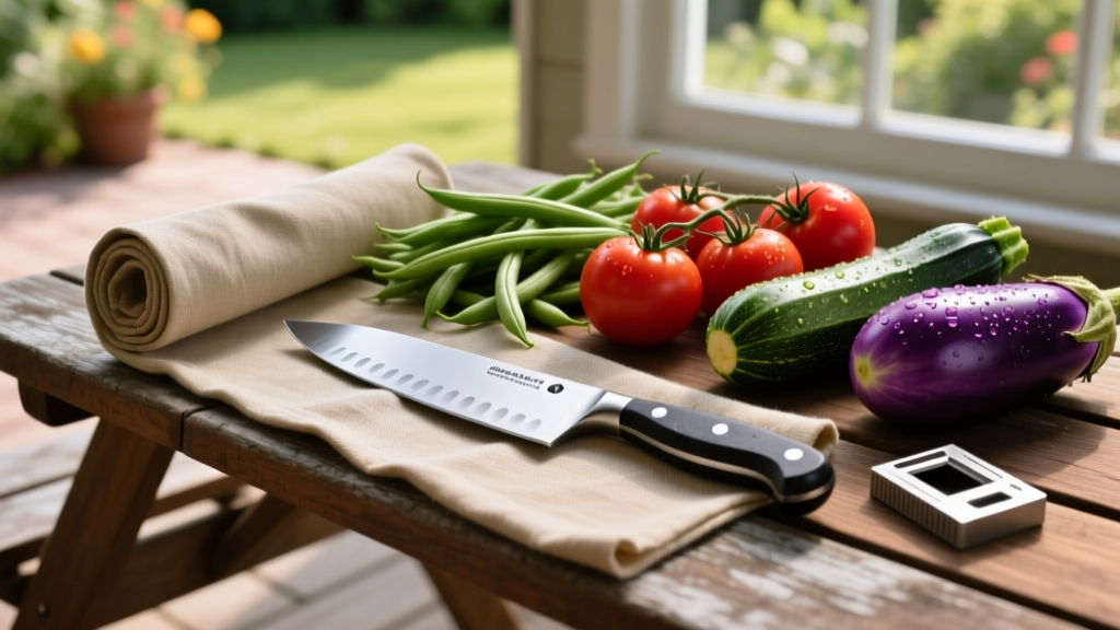 Canvas knife roll on a wooden picnic table revealing a high-carbon chef knife and compact field sharpener beside fresh summer vegetables