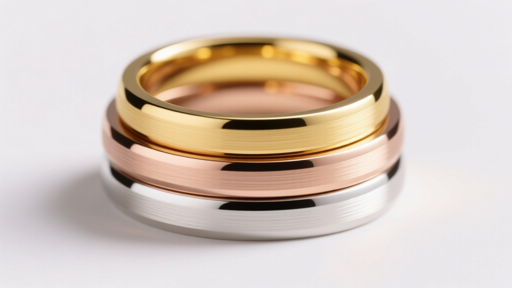 Macro shot of three stacked rings in 14k yellow, 18k rose, and 14k white gold, showing distinct colors under soft studio light.
