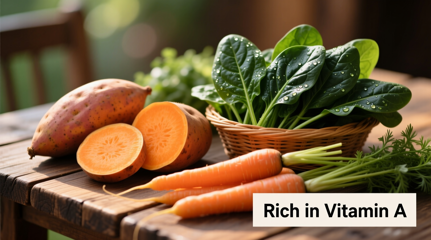 Colorful vitamin A rich foods including sweet potatoes, carrots, and spinach