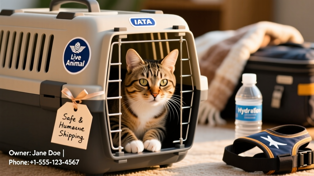 Close-up of an IATA-compliant cat carrier labeled with 'Live Animal' stickers and contact information