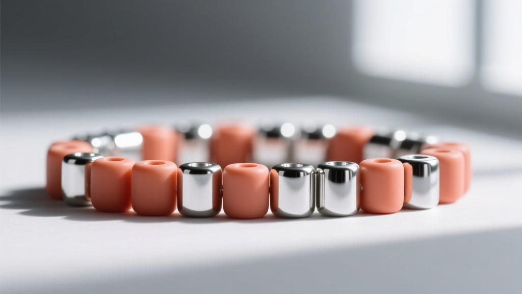 Macro shot of Miyuki Delica seed beads in matte coral and galvanized silver, showing uniform cylindrical shapes and crisp edges