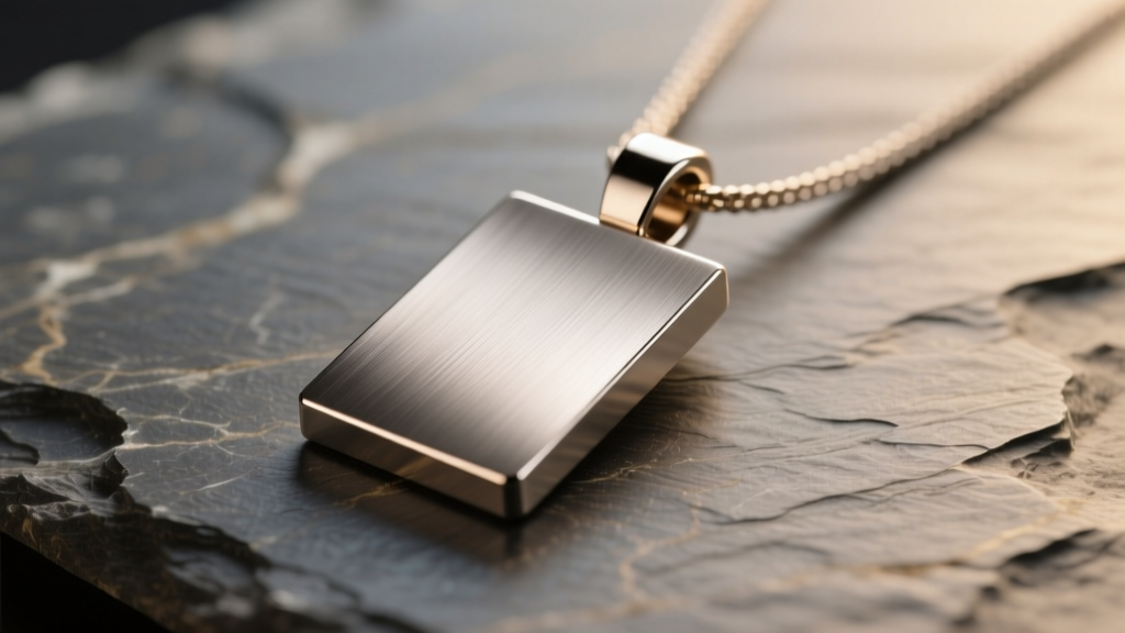 Close-up of a brushed titanium pendant on slate, showing matte texture and milled edges under soft warm studio lighting