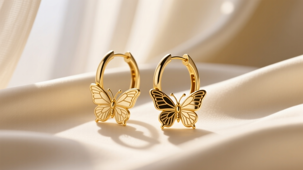 Elegant 14k yellow gold hoop earrings with delicate butterfly charms resting on cream silk fabric in soft morning light
