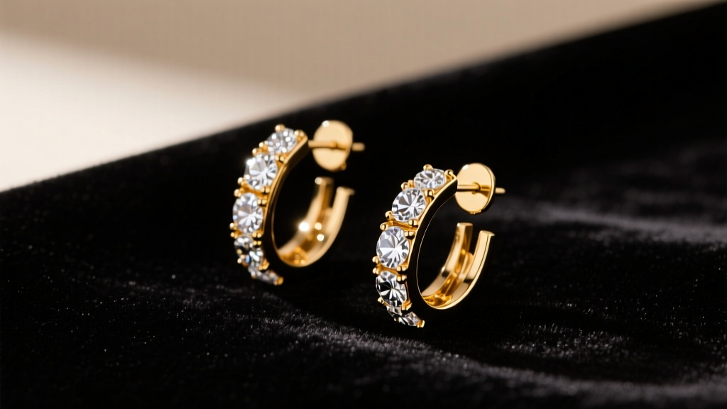 Gold-tone Sarah Coventry clip-on earrings with clear rhinestones on dark velvet under soft, warm directional studio lighting.