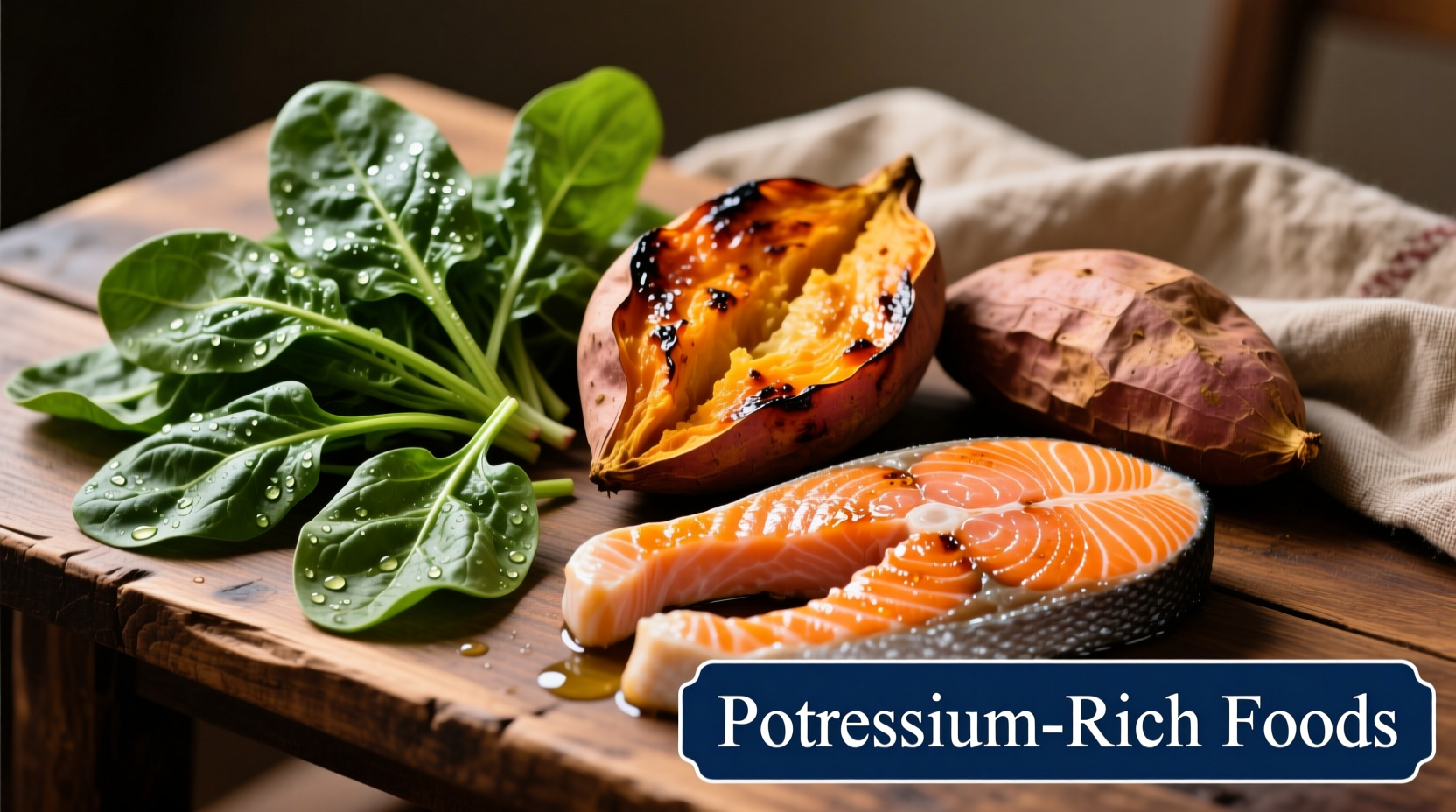 Colorful array of potassium-rich foods including spinach, sweet potatoes, and salmon