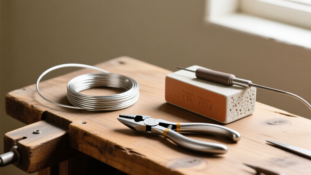 Rio Grande sterling silver wire, Tronex flush cutters, and a ceramic soldering block resting on a worn wooden jeweler