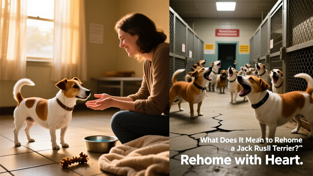 Side-by-side comparison: a calm, supervised meet-and-greet between a Jack Russell and a potential adopter versus a crowded shelter kennel