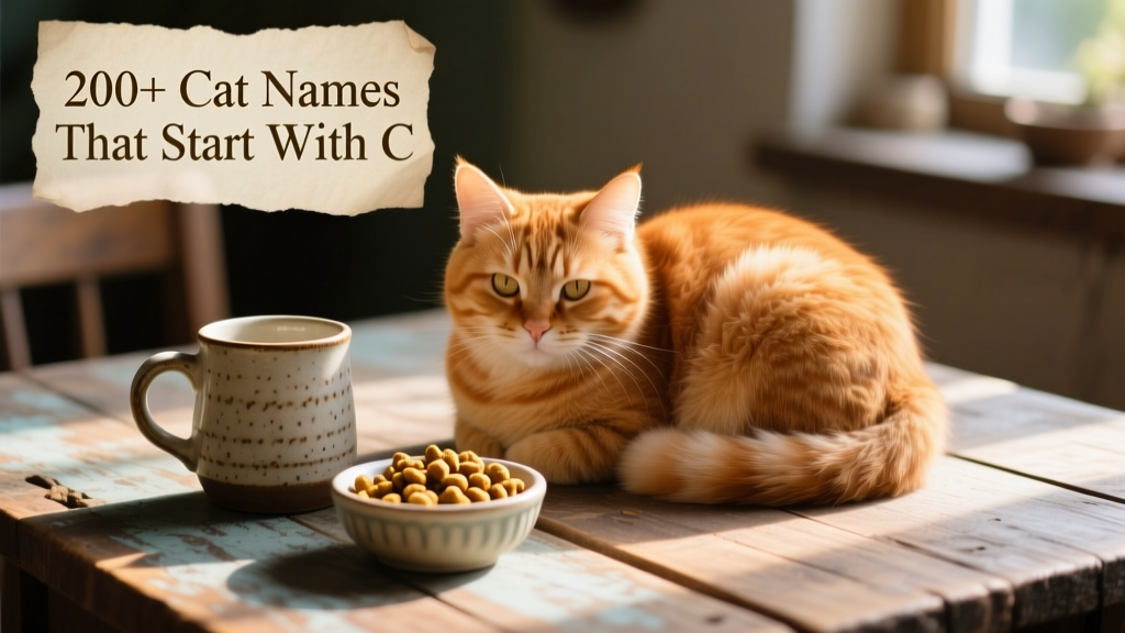 A fluffy orange cat curled up beside a ceramic mug and a small bowl of treats on a rustic wooden table