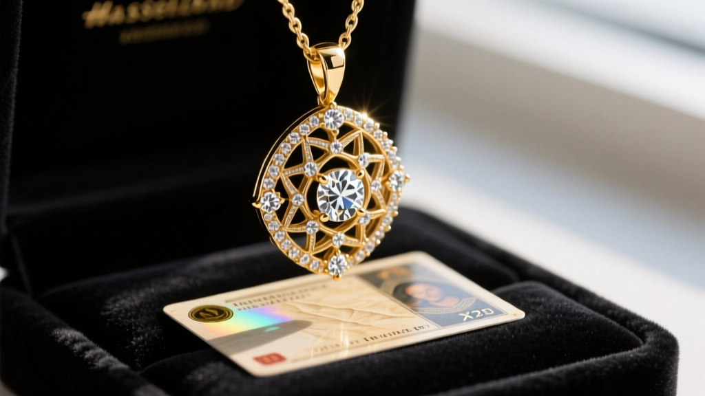 Close-up of a custom diamond-encrusted gold pendant holding a graded vintage trading card, resting on a dark velvet display pad.