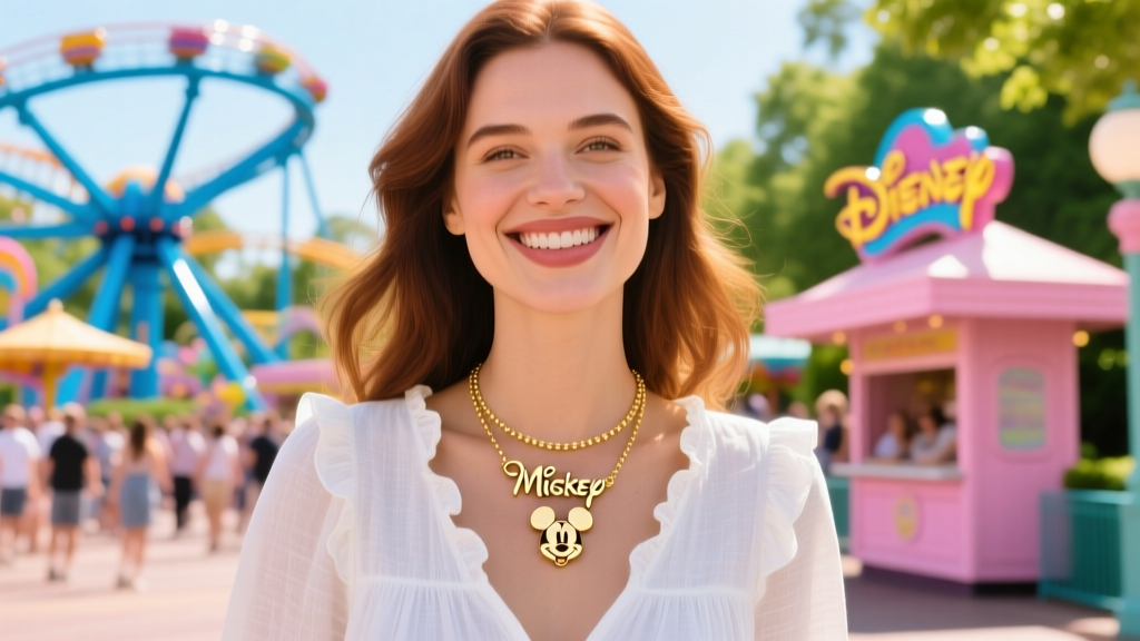 Woman wearing a delicate 14k gold vermeil Disney script pendant layered with a satellite chain, smiling in a sunny theme park