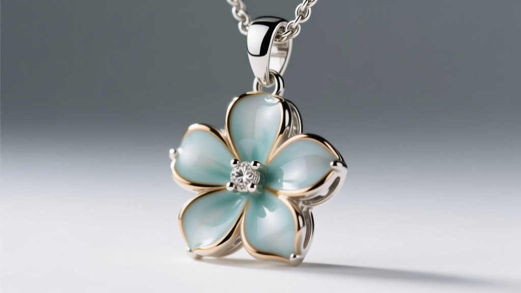 Close-up of a vitreous enamel floral pendant showing the glass-to-metal seal and a sturdy 925 silver lobster clasp mechanism.