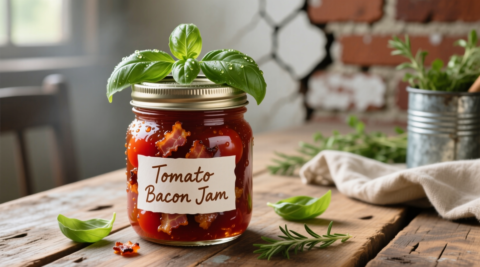 Homemade tomato bacon jam in mason jar with fresh basil