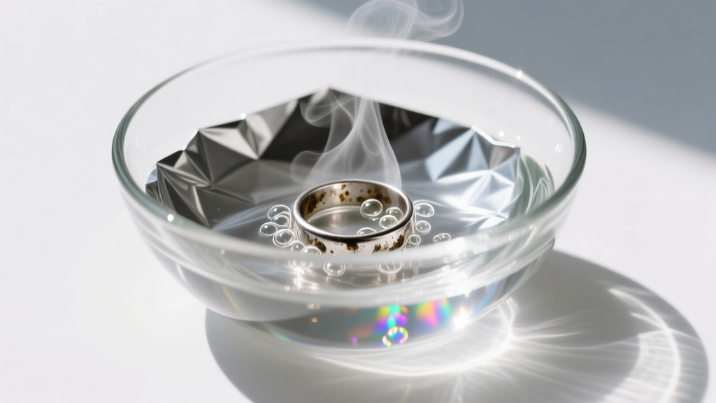 Glass bowl lined with foil holding hot water, showing a tarnished silver ring submerged and emitting small cleaning bubbles.