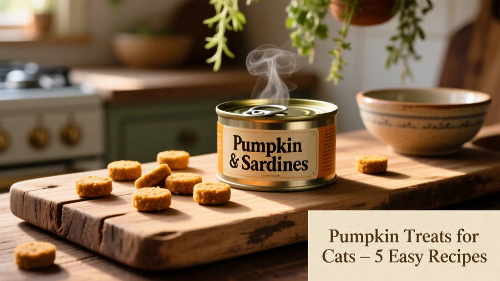 Small, round cat treats arranged on a rustic wooden board beside a can of pumpkin and sardines