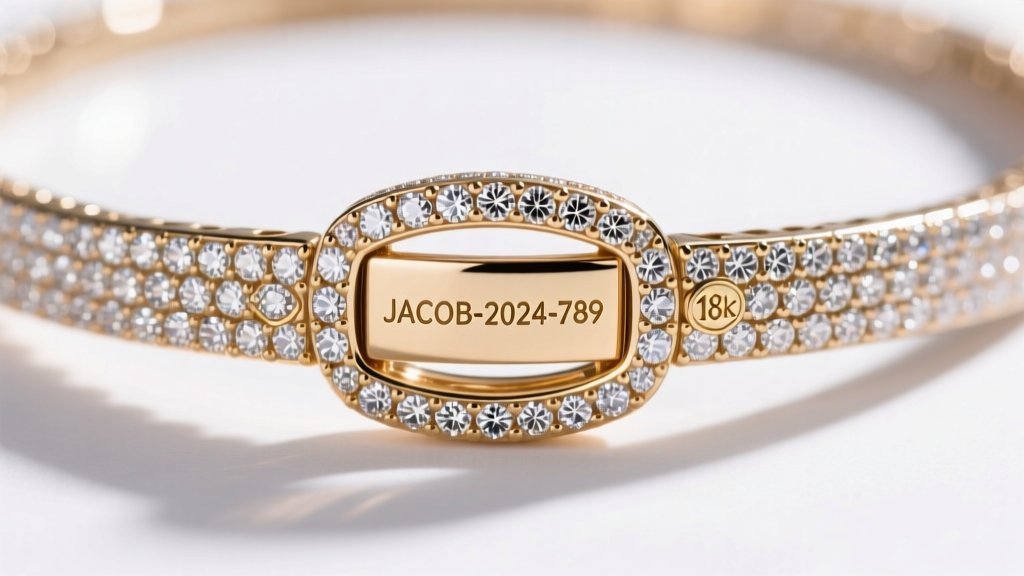 Macro view of a Jacob and Co necklace clasp showing a laser-engraved serial number, 18k hallmark, and precise diamond pavé work.
