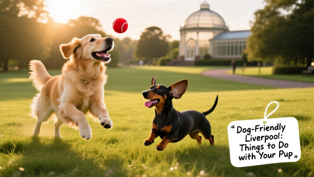 Two dogs playing fetch together in a sunny, grassy area of Sefton Park, Liverpool