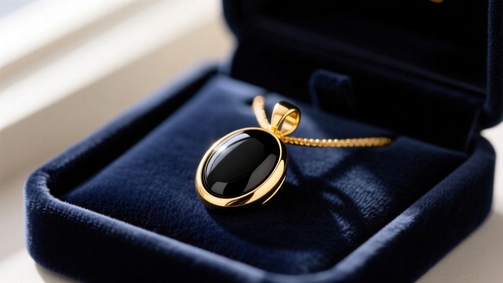 Close-up of a 14k yellow gold pendant with a smooth cabochon black onyx stone resting on a dark velvet jewelry display tray