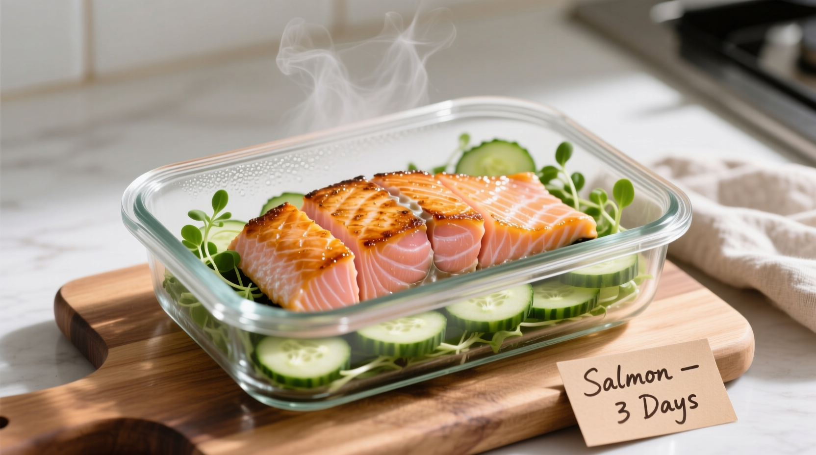 Properly stored cooked salmon in glass container