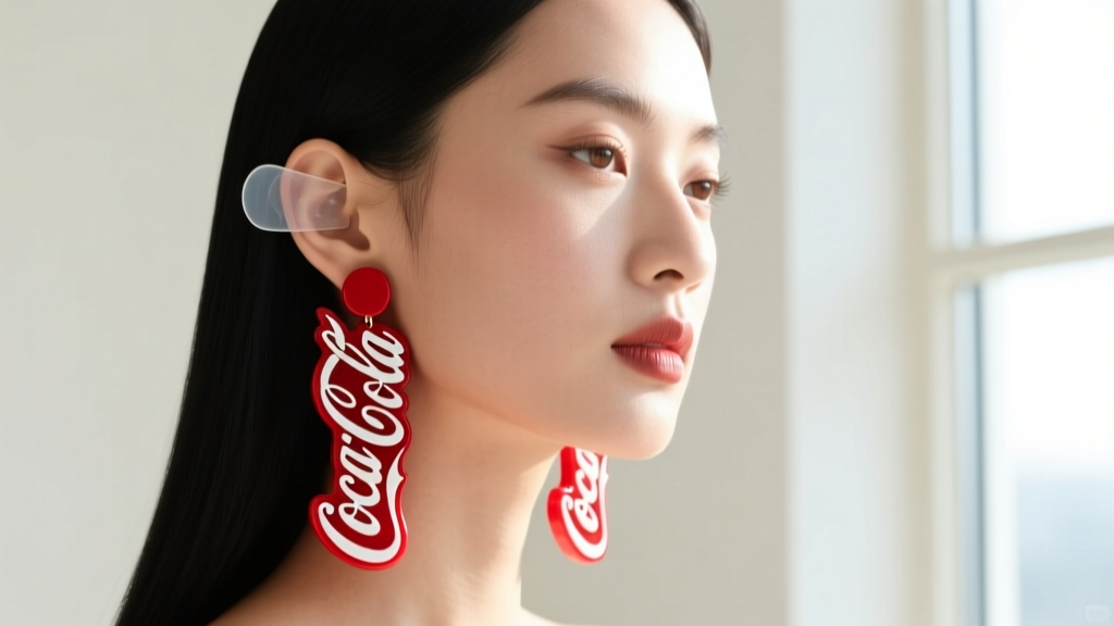 Applying a silicone patch behind an ear wearing heavy acrylic Coca Cola script earrings to prevent earlobe stretching.