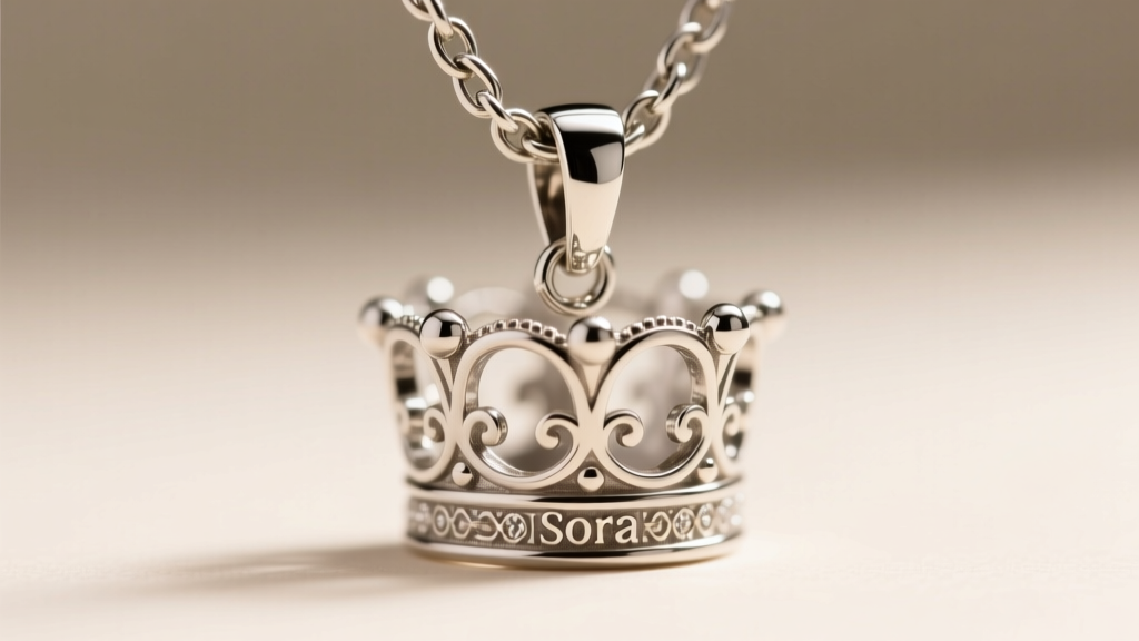 Extreme close-up of a 2.0mm stainless steel box chain threading through the fixed hidden bail of a detailed Sora crown pendant.