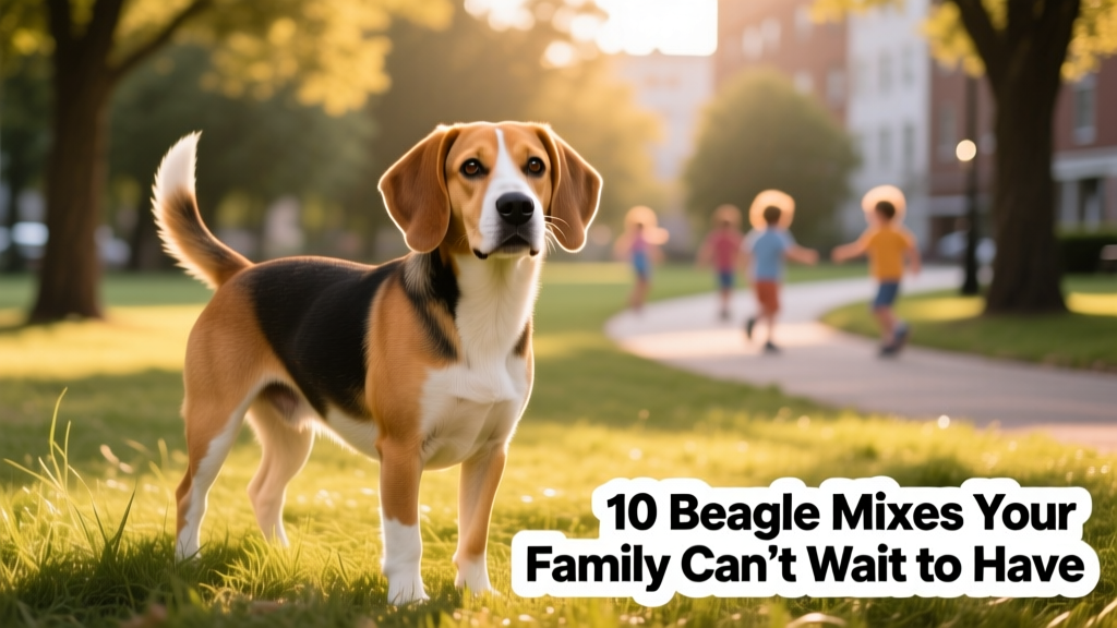 beagle labrador retriever mix with a lab face and beagle coat standing outside at a park
