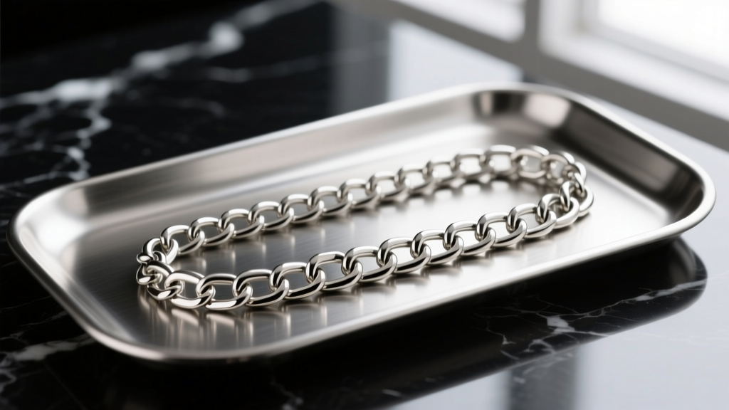 Side profile of an 8mm rolo chain link and a 10mm curb chain link on a jeweler's bench block under a bright halogen desk lamp.