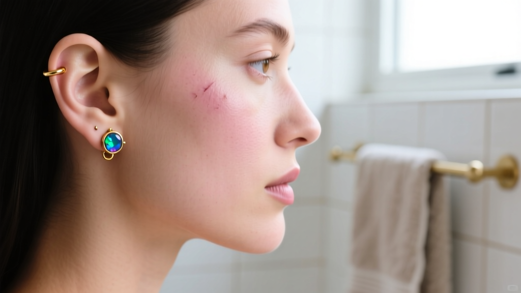 Side profile of a healed helix piercing wearing a 14k gold opal stud, showing clear skin under soft natural bathroom lighting.