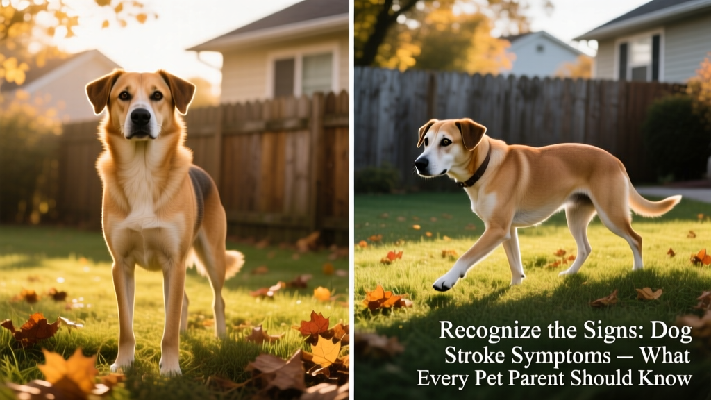 Side-by-side comparison showing a healthy dog standing confidently versus one with noticeable head tilt and wobbly gait