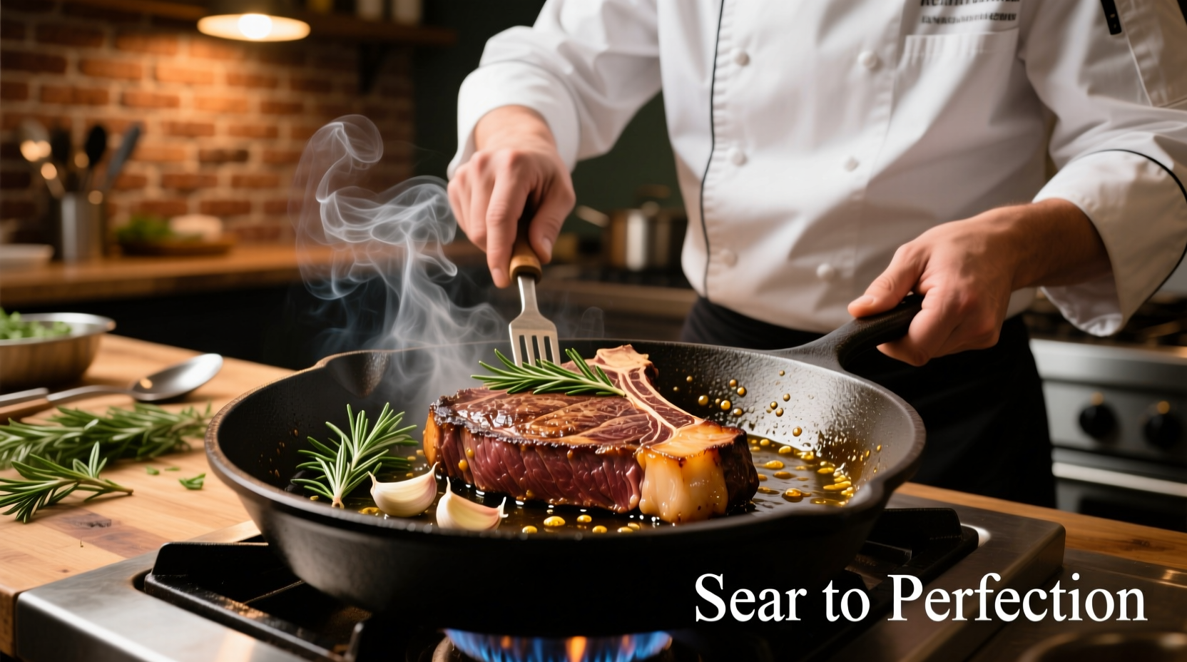 Chef preparing steak with garlic and herbs in cast iron skillet
