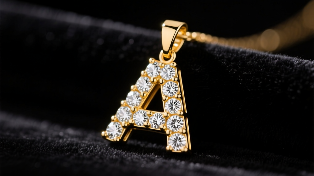 Macro shot of a 14k gold letter A pendant fully paved with VS1 round diamonds, resting on dark velvet under bright studio lighting.