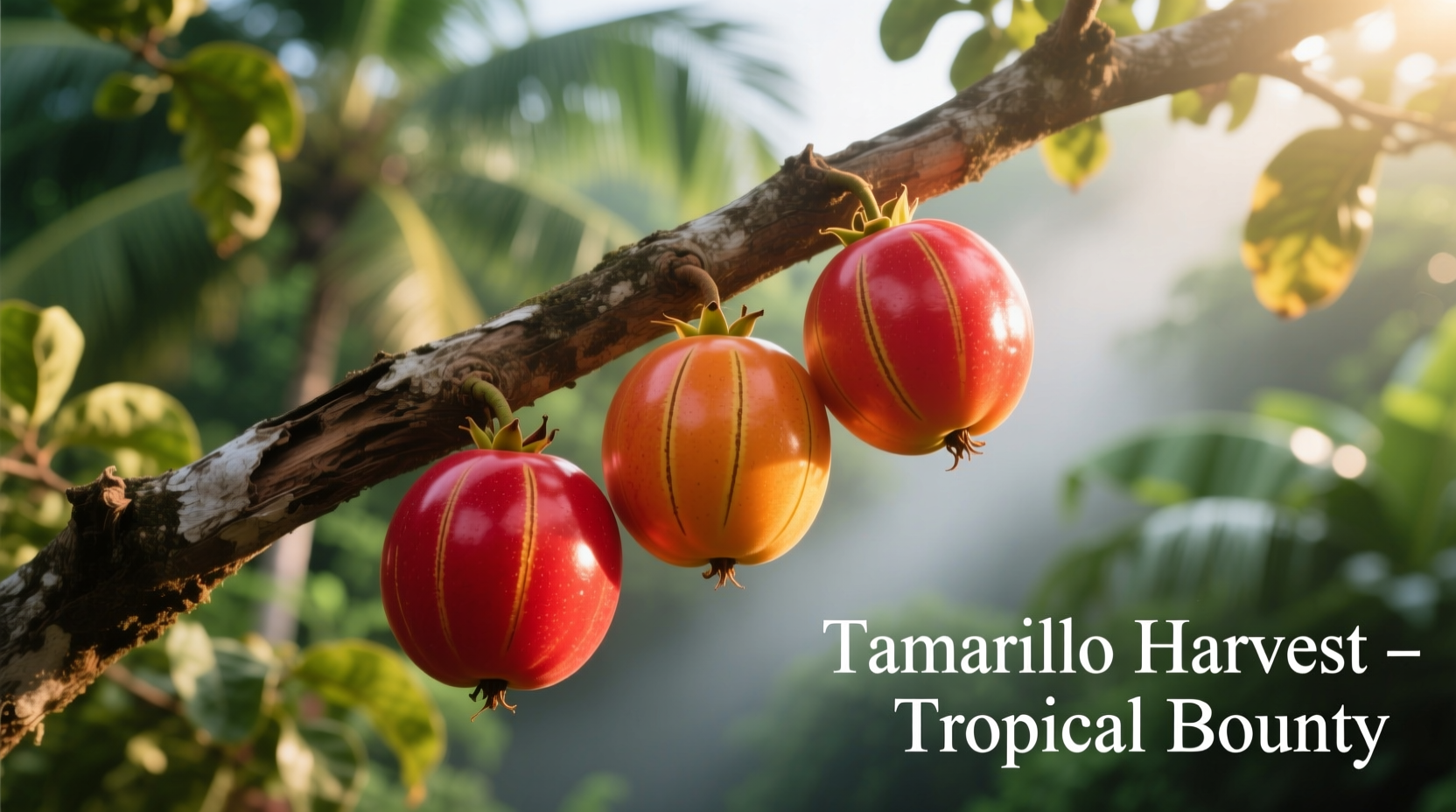 Ripe tamarillo fruits hanging on tree branch